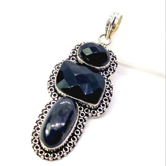 Black Quartz Sterling Silver Plated Pendant 2.8" Gemstone Jewelry - Picture 1 of 5